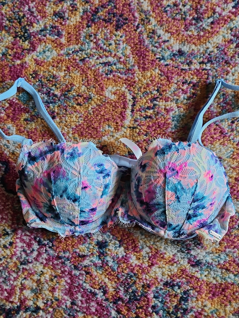 Pink By VS Date Push-up Blue& Neon Floral Lace Push-Up Bra Size 34B